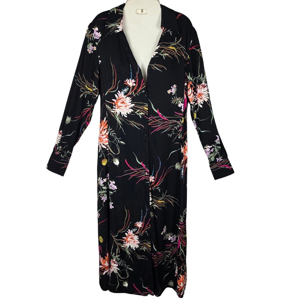 H&M Dress XS NWT Black Pink Floral 100% Viscose Midi Long Sleeve Boho New